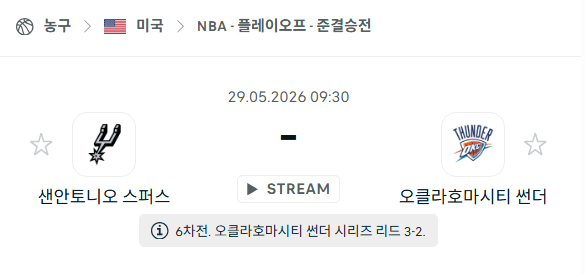 NBA 5월29일 샌안토니오 스퍼스 vs 오클라호마시티 썬더 경기 분석 및 승부 예측