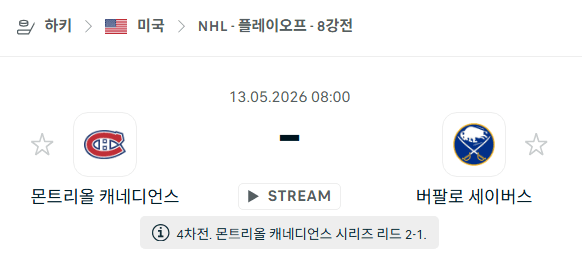NHL 5월 13일 몬트리올 캐너디언스 vs 버팔로 세이버스 경기 분석 및 승부 예측