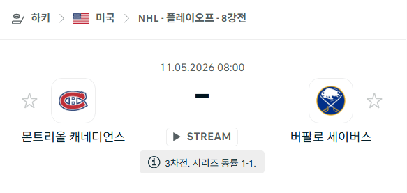 NHL 5월11일 몬트리올 캐네디언스 vs 버팔로 세이버스 경기 분석 및 승부 예측