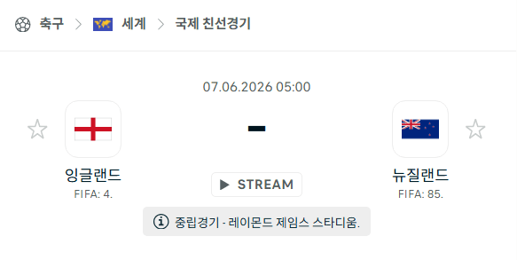 잉글랜드 vs 뉴질랜드 친선경기 전문 분석 및 승부 예측 (2026년 6월 7일)